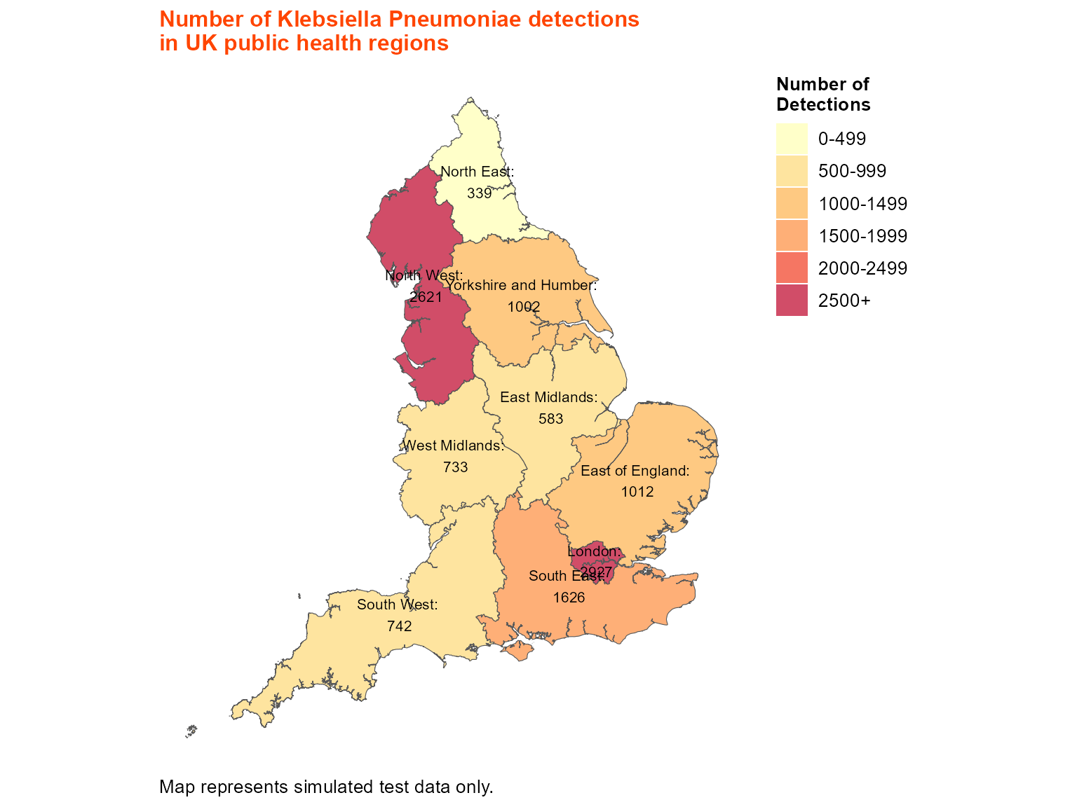Choropleth map of UK public health regions coloured by Klebsiella pneumoniae detections with categorical legend.